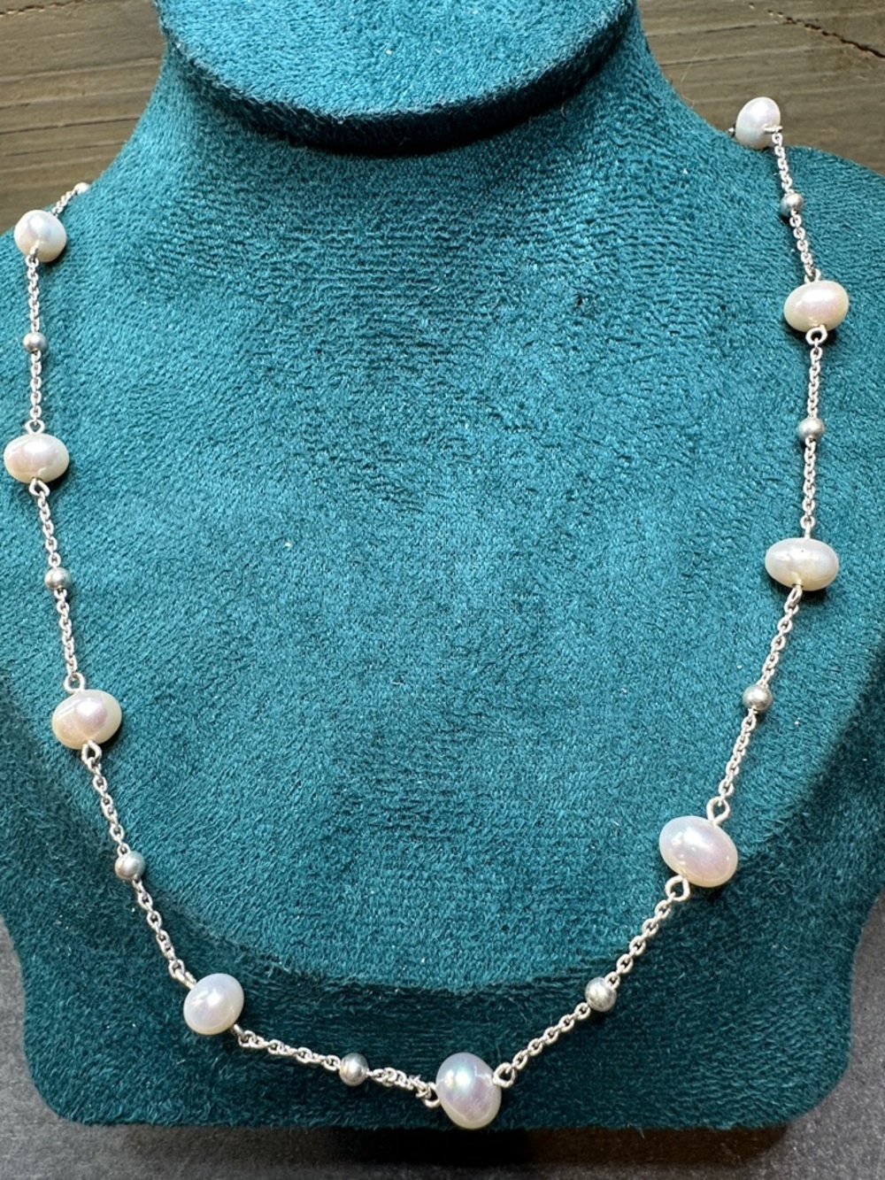 Sterling Silver Freshwater Pearl Station Necklace - White Pearls